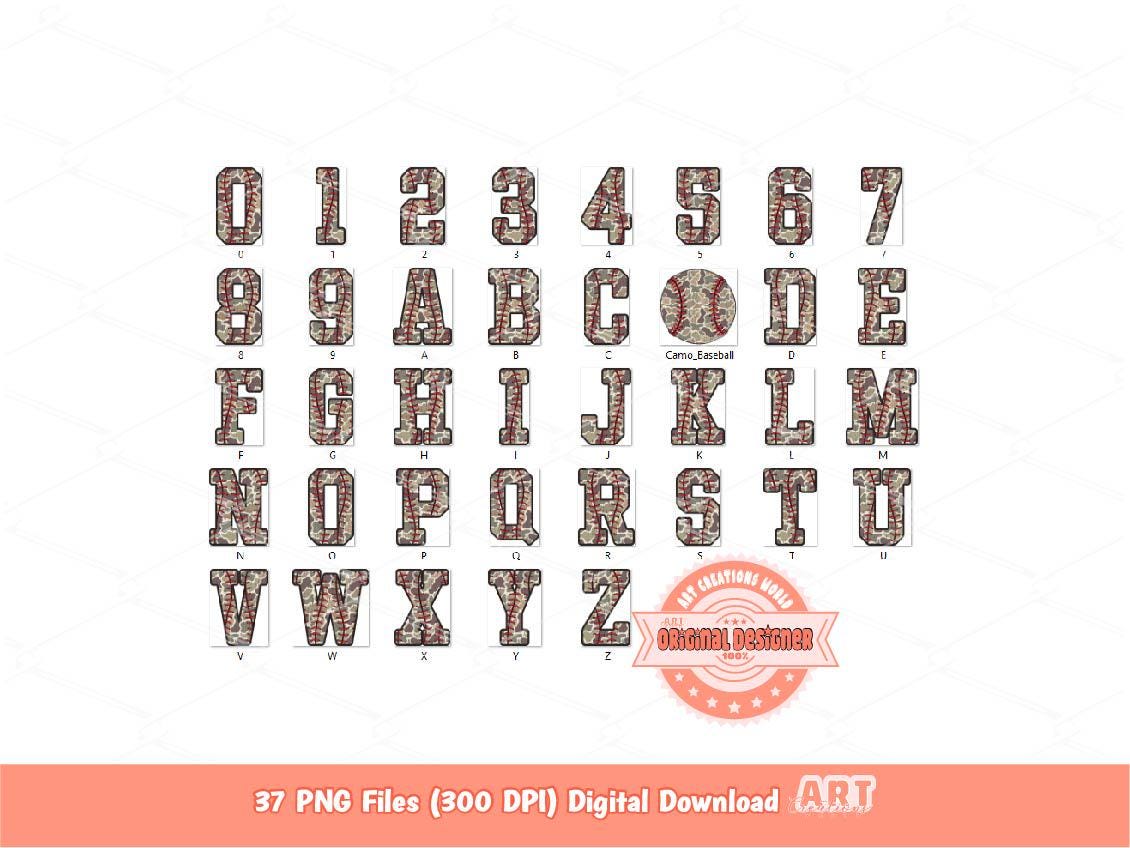 Camo Baseball Alphabet PNG Bundle, Trendy Camouflage Sports Varsity Stitches Laces Letters & Numbers Clipart