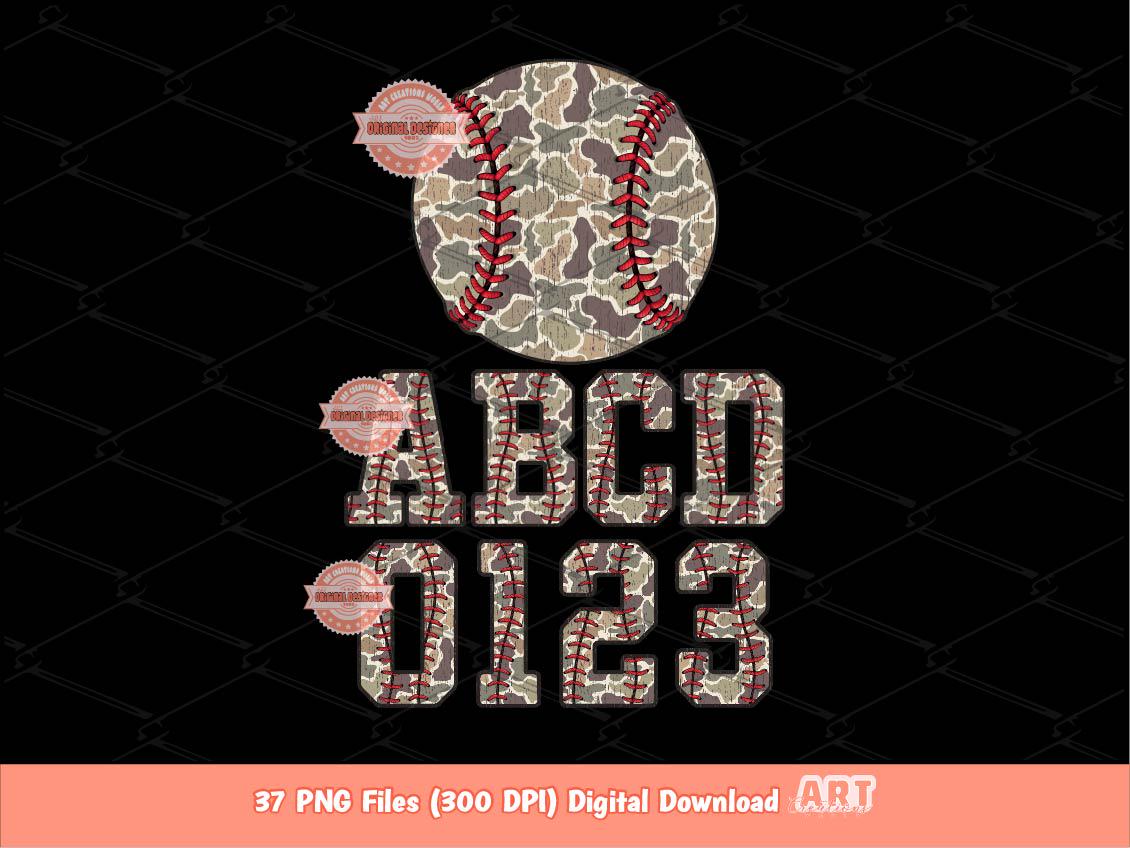 Camo Baseball Alphabet PNG Bundle, Trendy Camouflage Sports Varsity Stitches Laces Letters & Numbers Clipart
