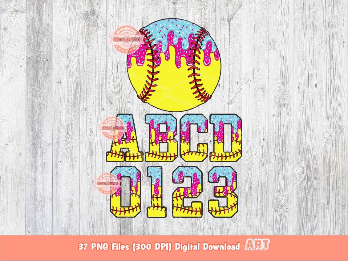 Drip Softball Alphabet PNG Bundle, Drippy Pink Blue Ice Cream Sports Letters & Numbers Clipart