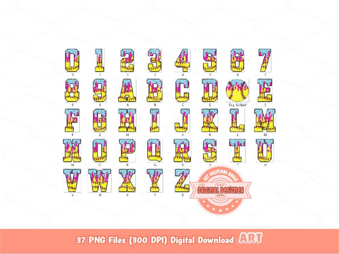 Drip Softball Alphabet PNG Bundle, Drippy Pink Blue Ice Cream Sports Letters & Numbers Clipart