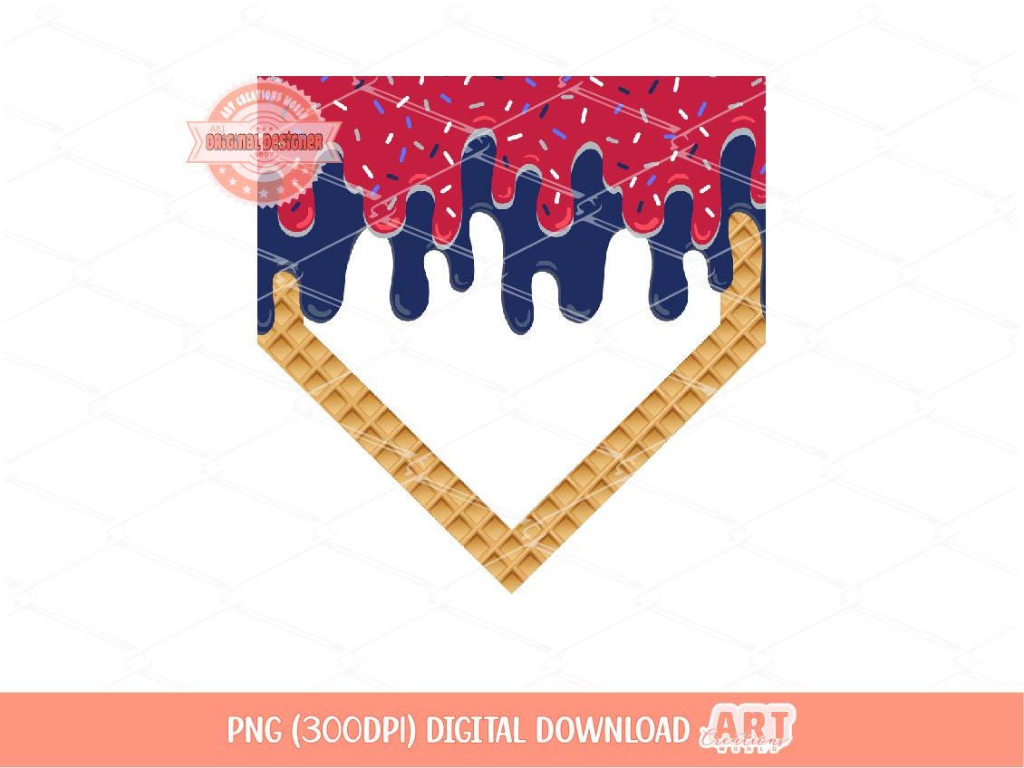 Red Navy Drip Home Plate PNG, Patriotic Baseball Ice Cream Cone Sublimation Shirt Design