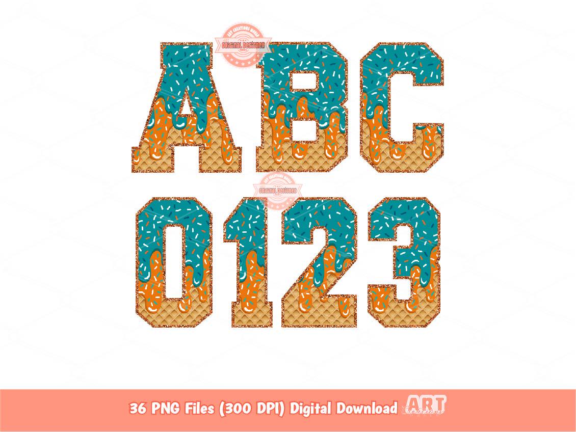 Orange Teal Drip Alphabet PNG, Drippy Ice Cream Sports Letters & Numbers Clipart