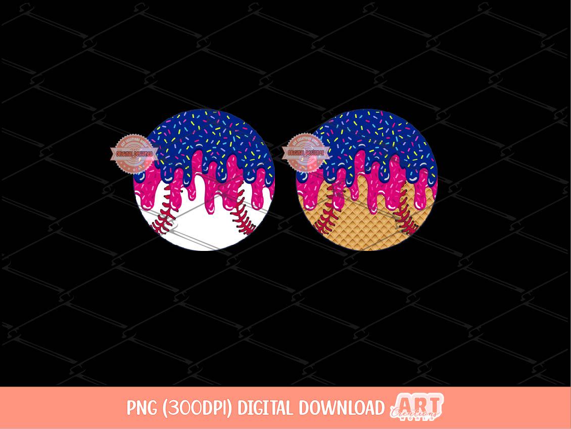 Blue Pink Drip Baseball PNG, Sweet Ice Cream Waffle Cone Sports Ball Clipart