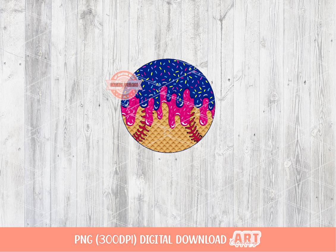 Blue Pink Drip Baseball PNG, Sweet Ice Cream Waffle Cone Sports Ball Clipart