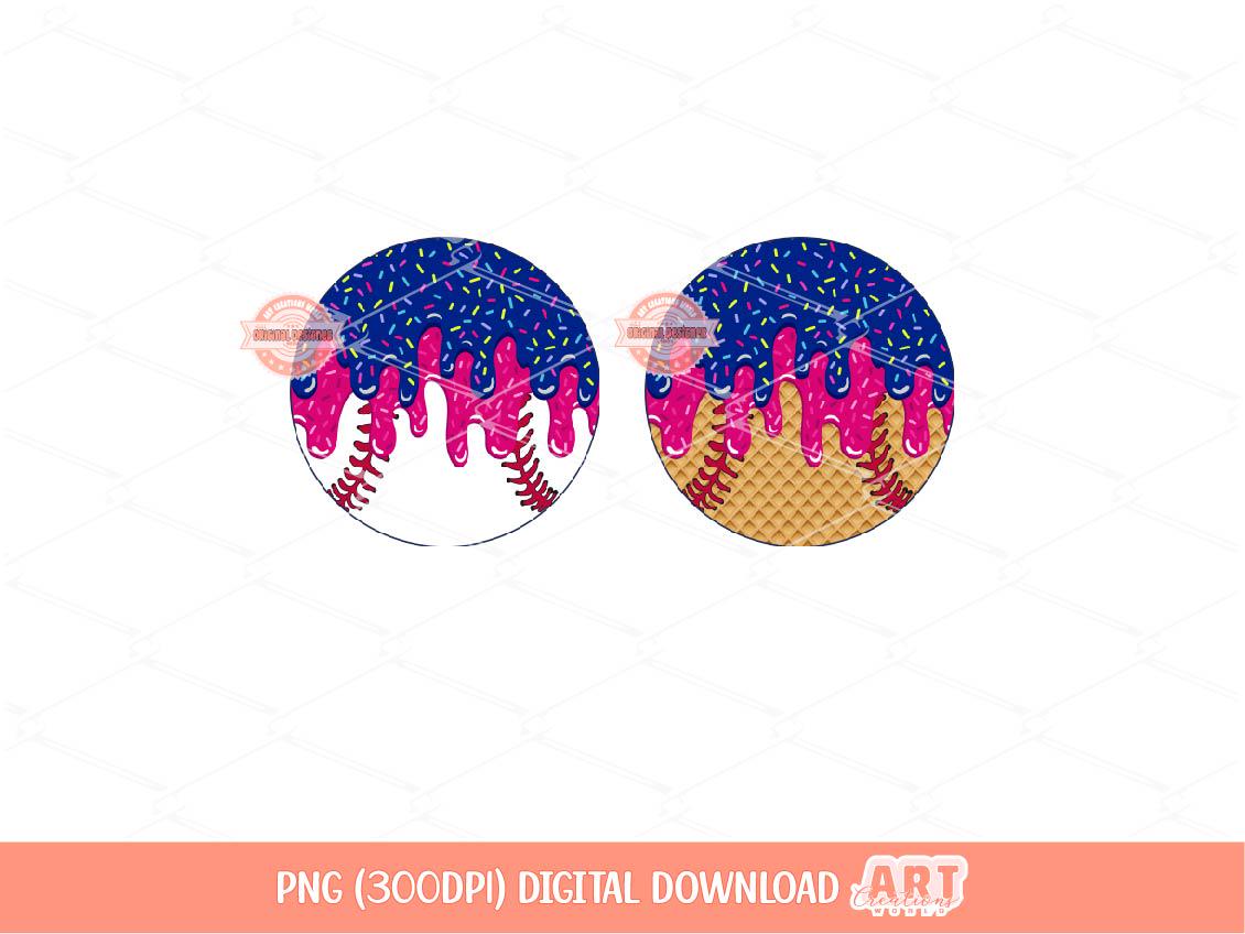 Blue Pink Drip Baseball PNG, Sweet Ice Cream Waffle Cone Sports Ball Clipart