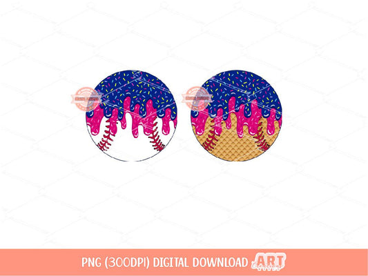 Blue Pink Drip Baseball PNG, Sweet Ice Cream Waffle Cone Sports Ball Clipart