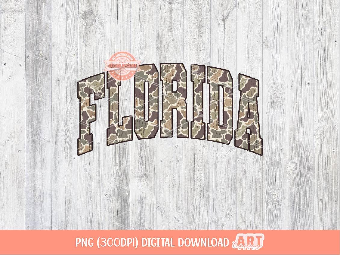 Florida Grunge Camo PNG, Distressed Varsity Camouflage FL State Sublimation Shirt Design