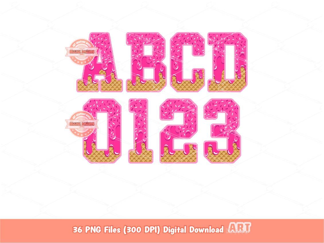 Pink Drippy Varsity Alphabet PNG, Drip Ice Cream Letters & Numbers Clipart (Digital Download)