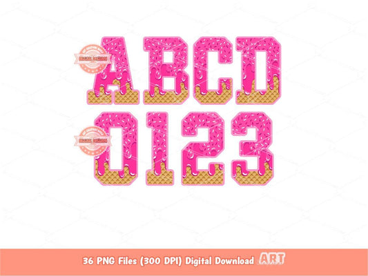 Pink Drippy Varsity Alphabet PNG, Drip Ice Cream Letters & Numbers Clipart (Digital Download)