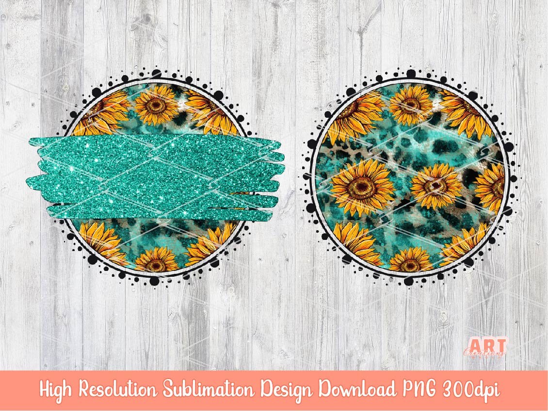 Sunflower Leopard Western PNG, Glitter Turquoise Circle Background Frames Clipart