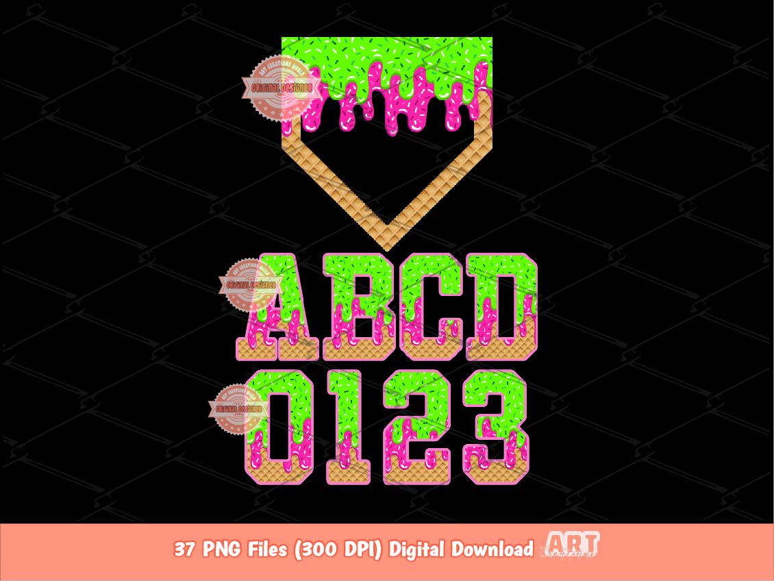 Neon Green Pink Drip Alphabet PNG Bundle, Drippy Baseball Letters Numbers Plate Sports Clipart