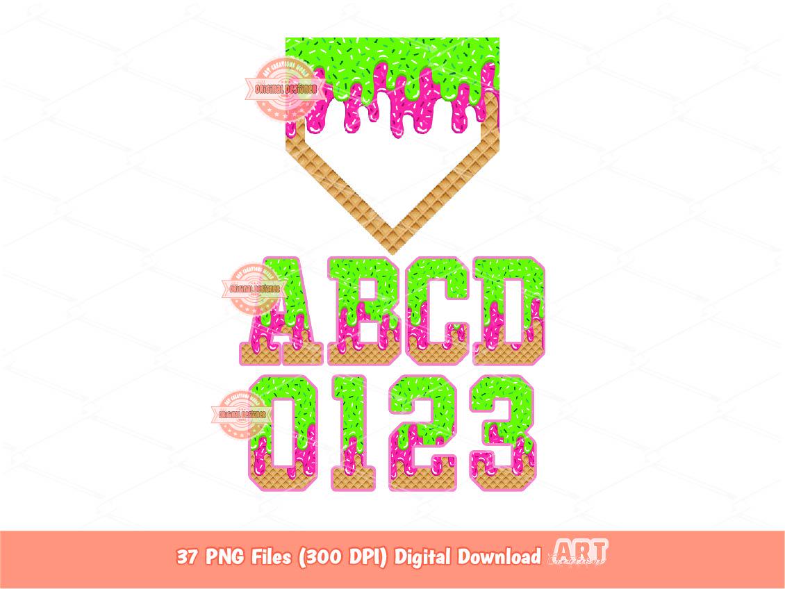 Neon Green Pink Drip Alphabet PNG Bundle, Drippy Baseball Letters Numbers Plate Sports Clipart