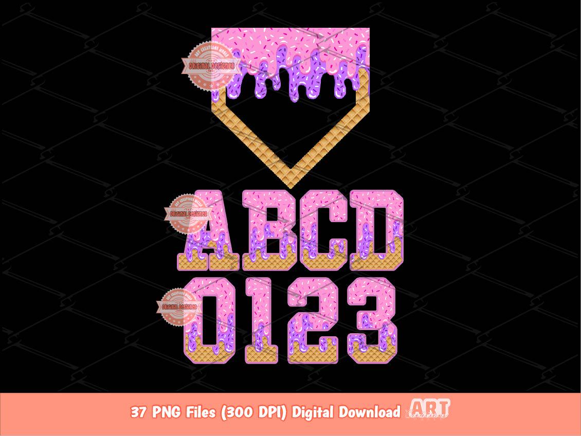Light Pink Purple Drip Alphabet PNG Bundle, Ice Cream Sports Letters, Numbers & Plate Clipart