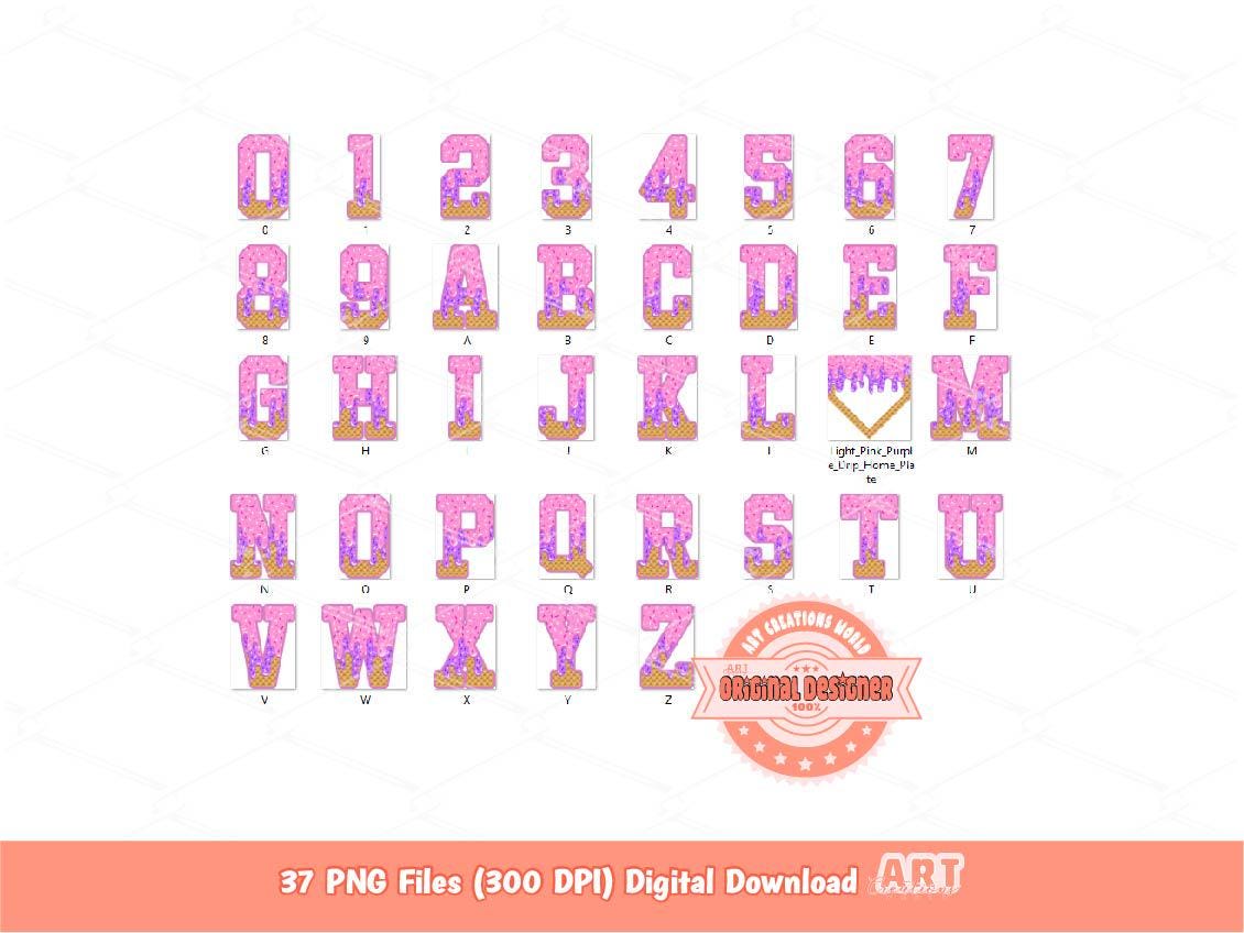 Light Pink Purple Drip Alphabet PNG Bundle, Ice Cream Sports Letters, Numbers & Plate Clipart