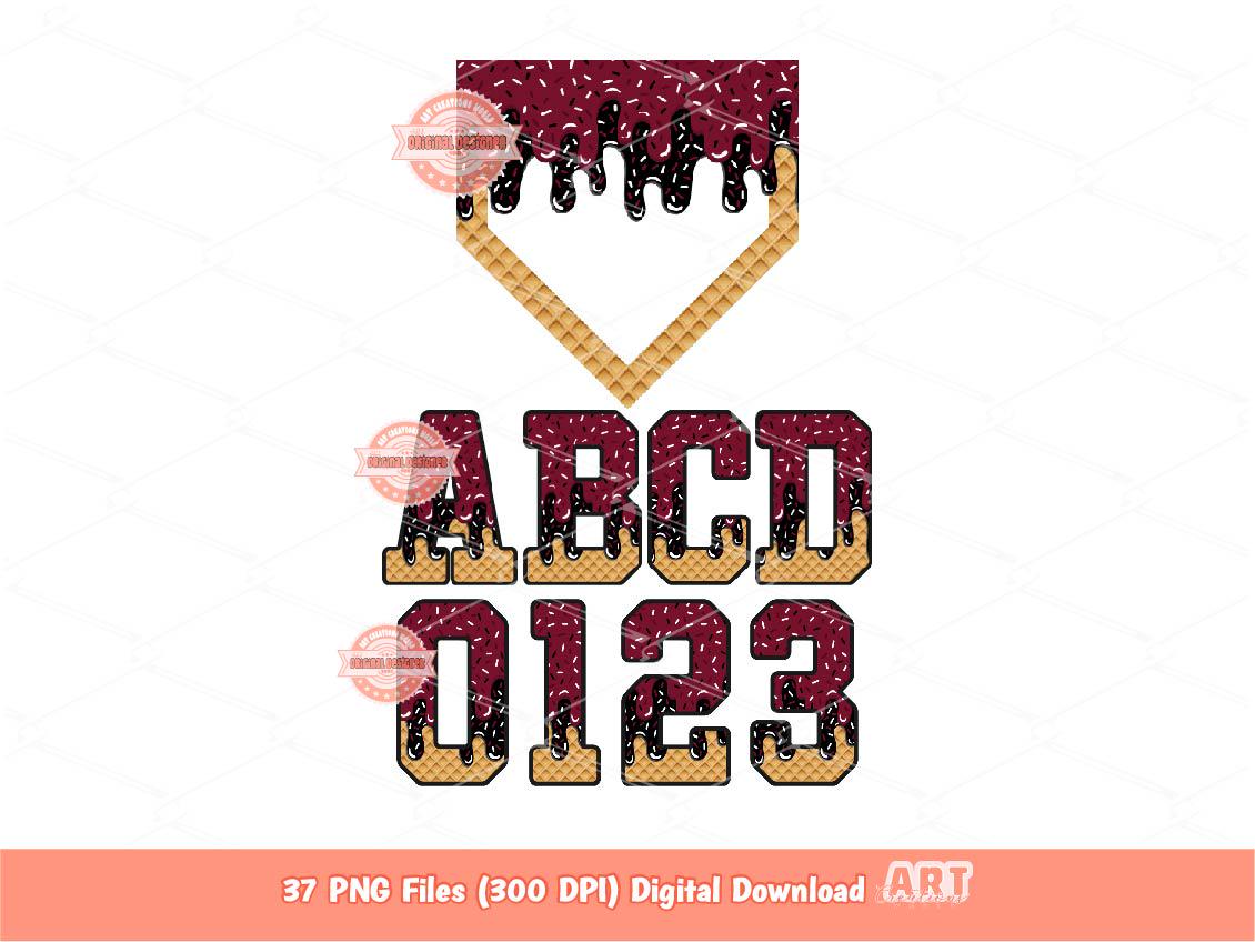 Maroon Black Drip Baseball Alphabet PNG Bundle, Drippy Sports Letters, Numbers & Home Plate Clipart