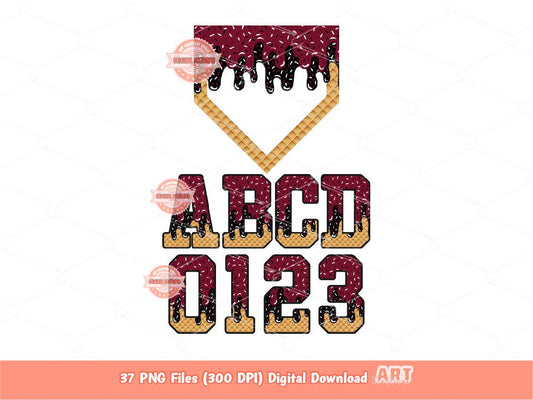 Maroon Black Drip Baseball Alphabet PNG Bundle, Drippy Sports Letters, Numbers & Home Plate Clipart