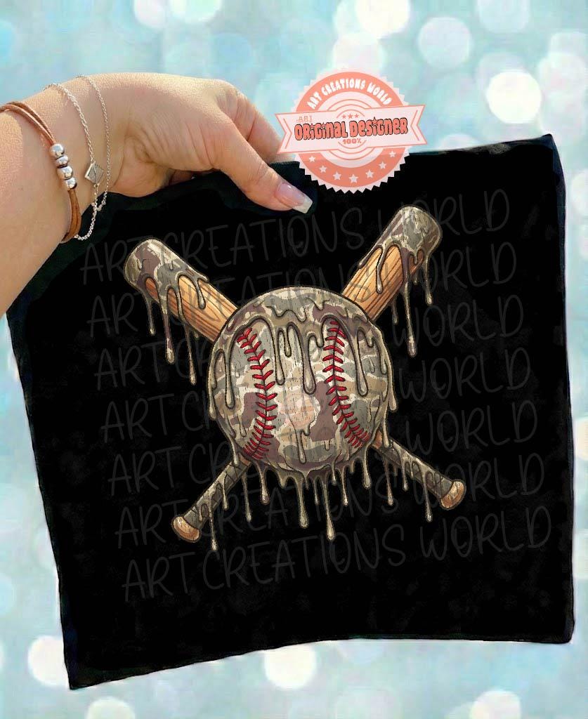 Drip Camo Baseball PNG, Trendy Dripping Crossed Bats, Grunge Sports Sublimation, Game Day Design