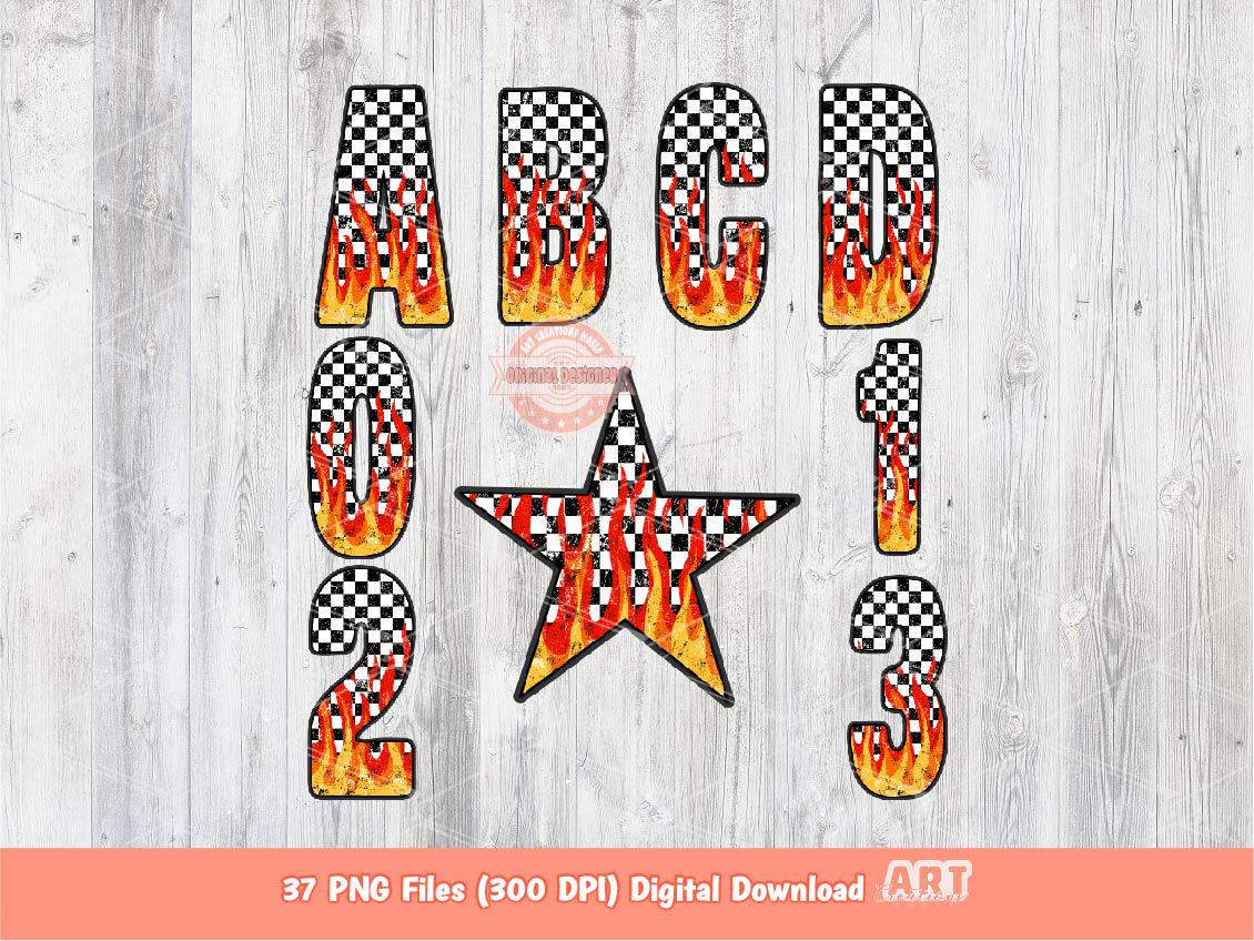Checkered Flame Alphabet PNG, Retro Racing Letters & Numbers Clipart, Fiery Dirt Track Theme Design