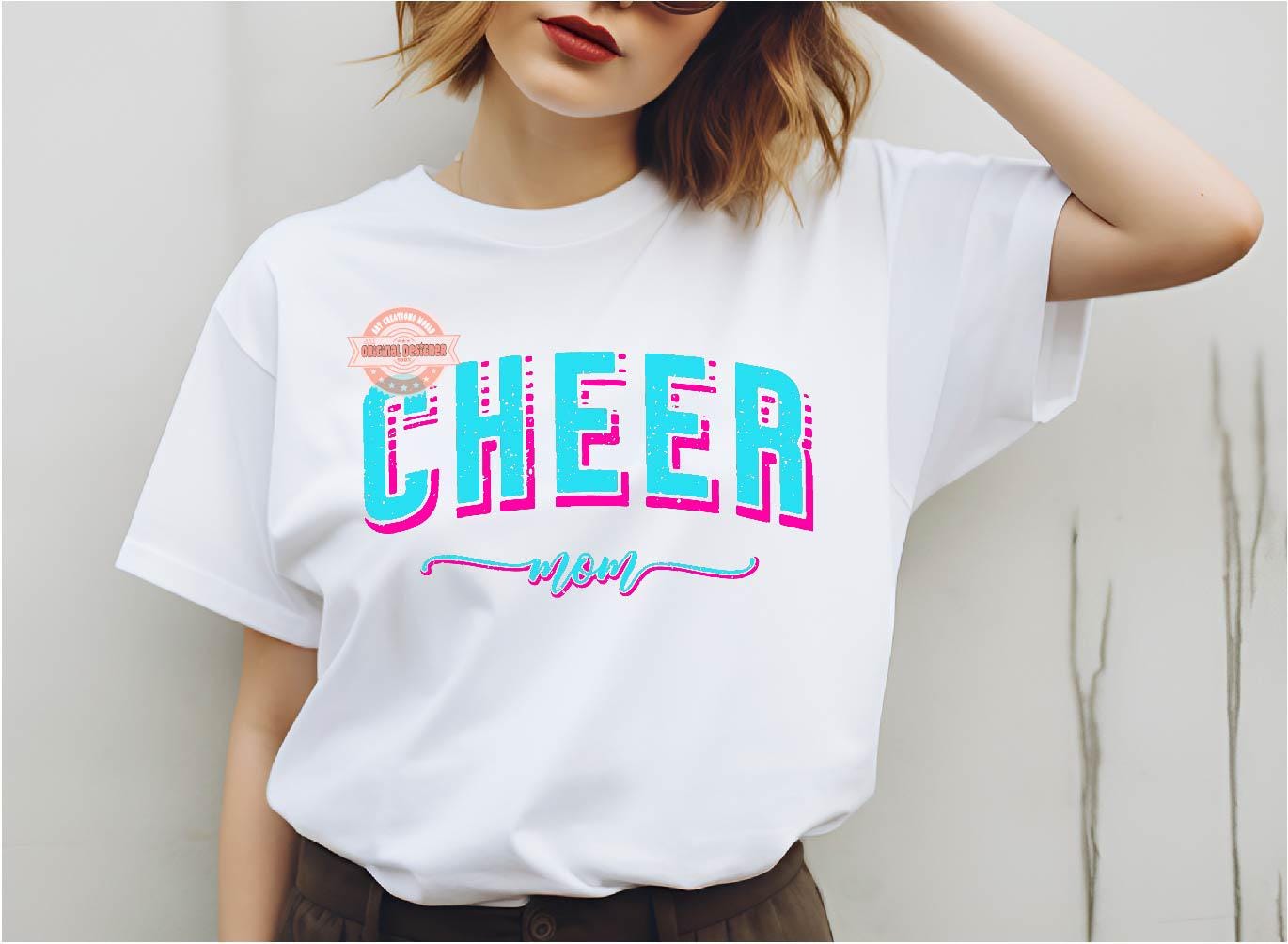 Cheer Mom PNG, Bright Pink Blue Cheerleader Mama Sublimation Shirt Design