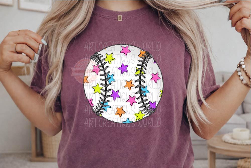 Colorful Star Baseball & Softball PNG, Retro Sports Mom Sublimation Design, Trendy Game Day Shirt