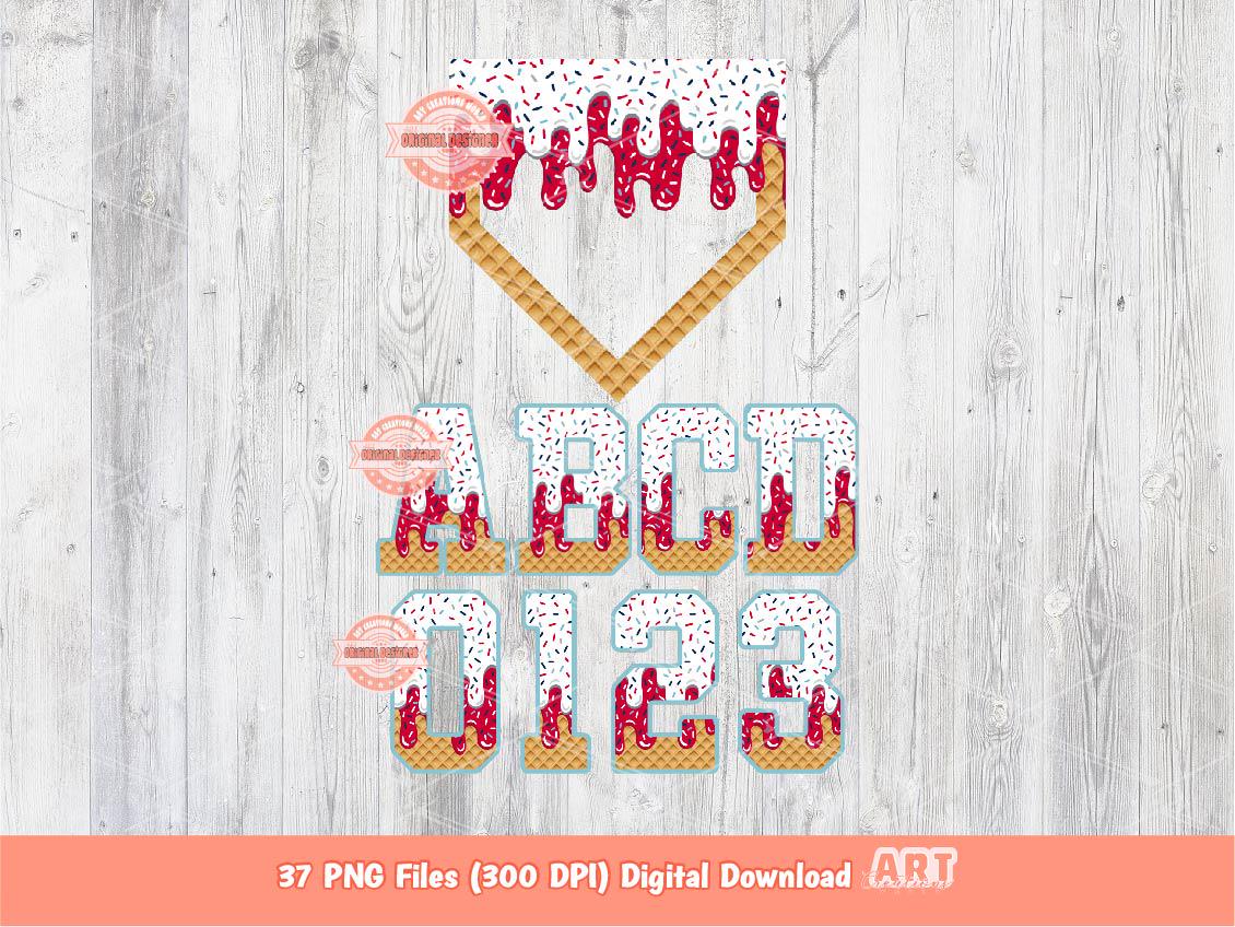Drip Baseball Alphabet PNG Bundle, Drippy White & Red Letters, Numbers, Home Plate Sports Clipart