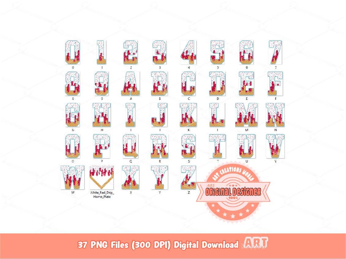Drip Baseball Alphabet PNG Bundle, Drippy White & Red Letters, Numbers, Home Plate Sports Clipart