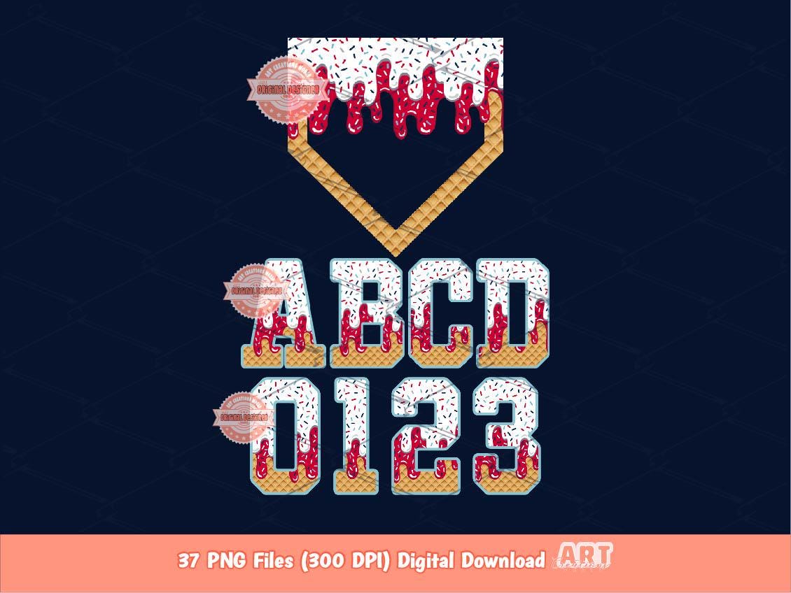 Drip Baseball Alphabet PNG Bundle, Drippy White & Red Letters, Numbers, Home Plate Sports Clipart