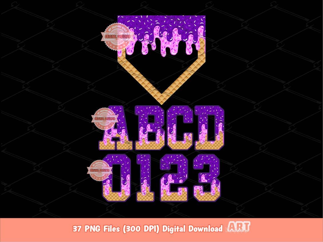 Purple Pink Drip Baseball Alphabet PNG Bundle, Ice Cream Sports Letters, Numbers & Plate Clipart