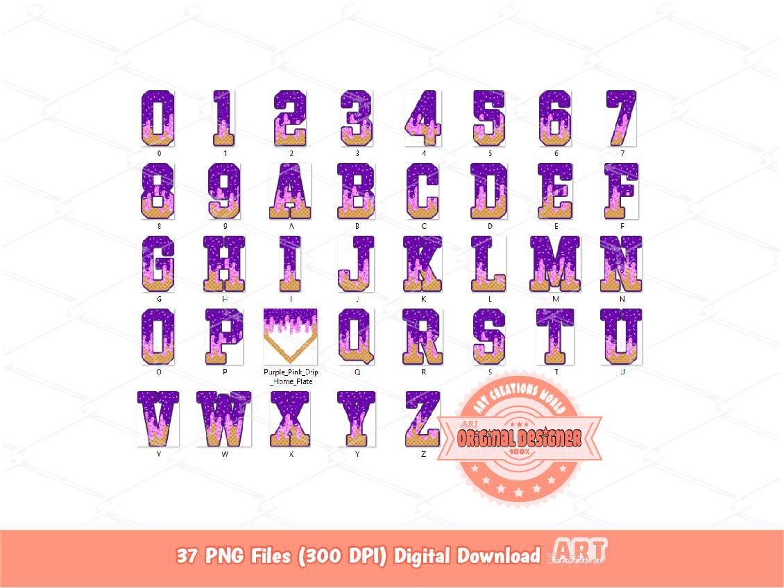 Purple Pink Drip Baseball Alphabet PNG Bundle, Ice Cream Sports Letters, Numbers & Plate Clipart
