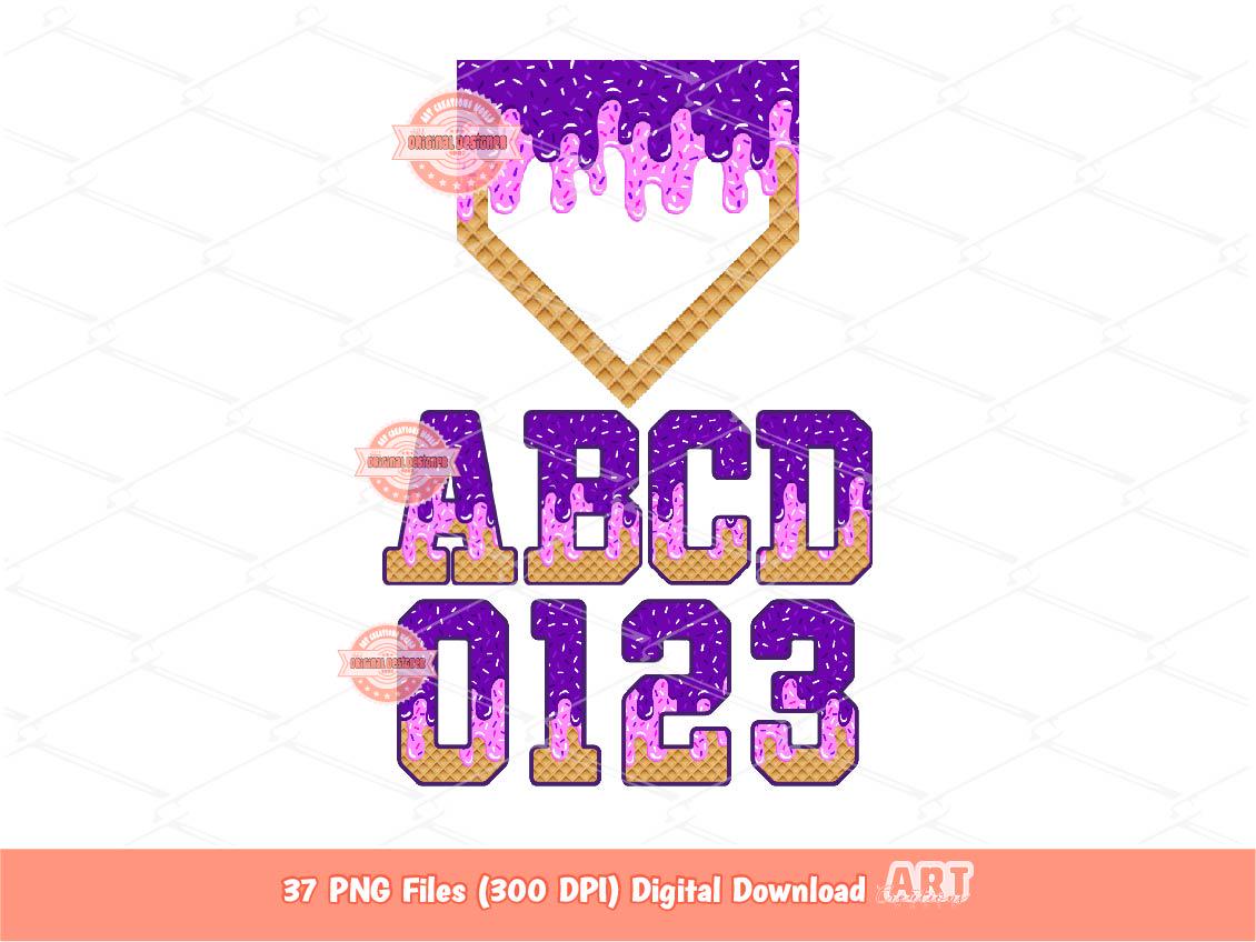 Purple Pink Drip Baseball Alphabet PNG Bundle, Ice Cream Sports Letters, Numbers & Plate Clipart
