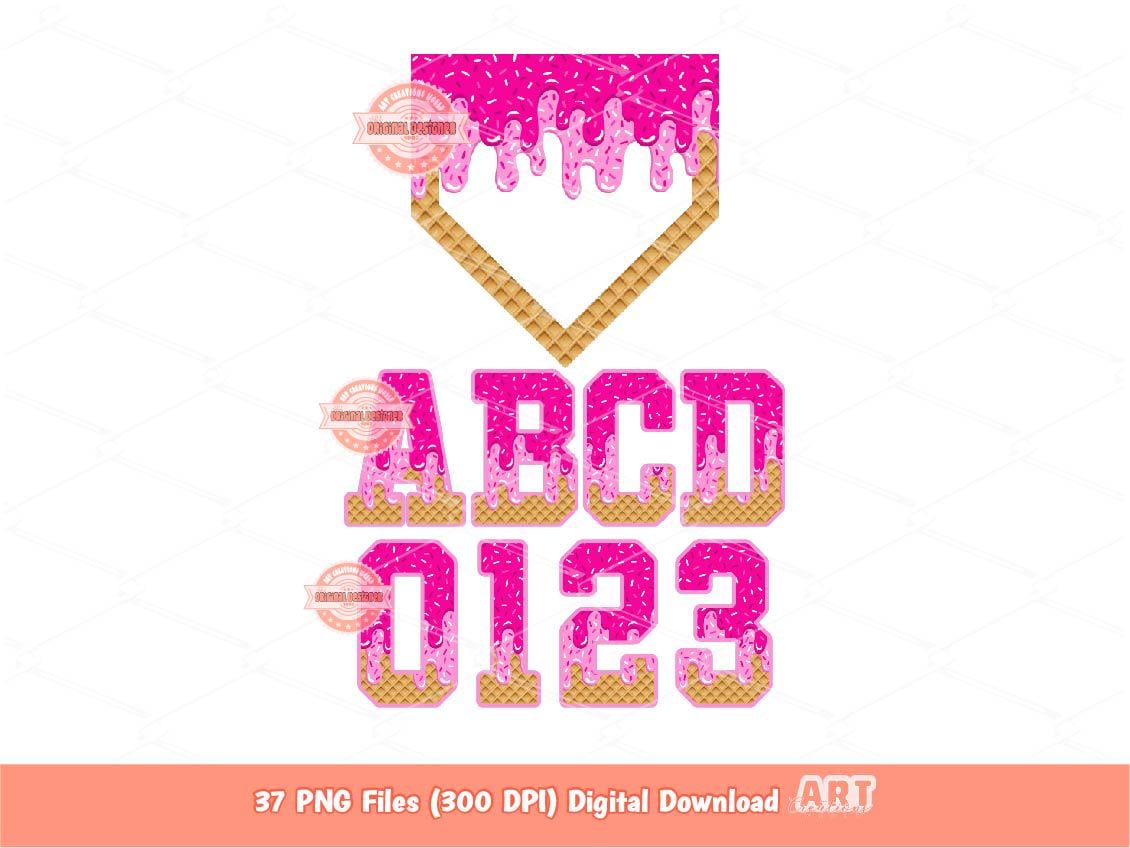 Pink Drip Baseball Alphabet PNG Bundle, Drippy Ice Cream Sports Letters, Numbers & Plate Clipart