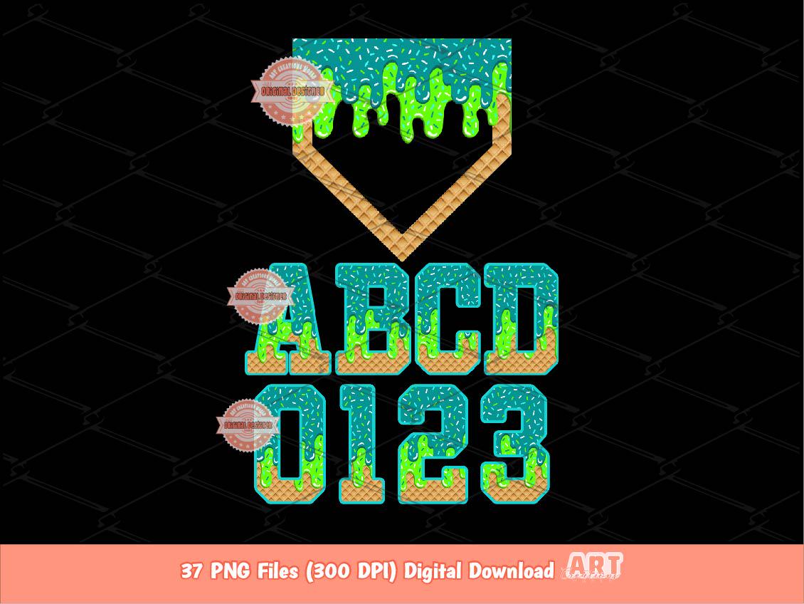 Teal Lime Green Drip Alphabet Plate PNG Bundle, Drippy Baseball Sports Numbers Letters Clipart