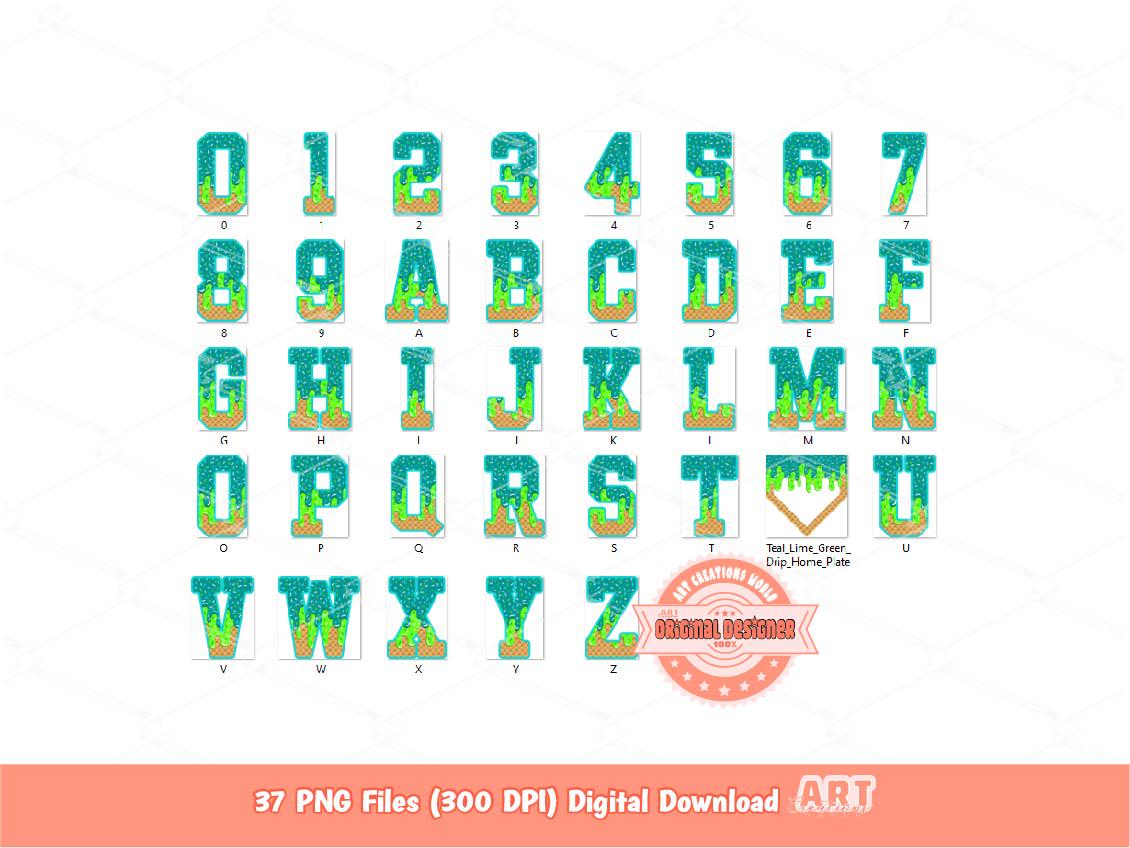 Teal Lime Green Drip Alphabet Plate PNG Bundle, Drippy Baseball Sports Numbers Letters Clipart