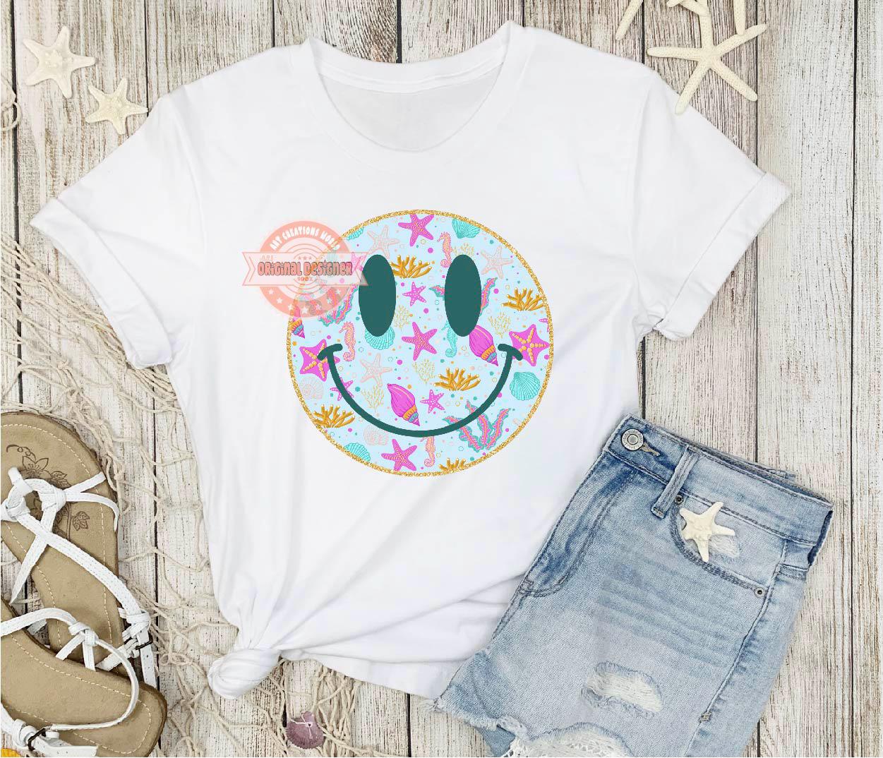 Preppy Under the Sea Smiley PNG, Coastal Summer Sublimation Shirt Design (Digital Download)