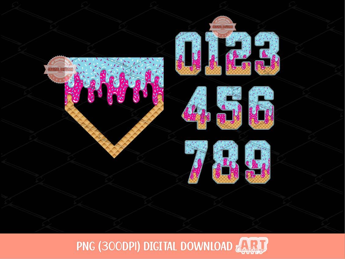 Drip Numbers & Home Plate PNG Bundle, Pink Blue Ice Cream Baseball Game Day Clipart