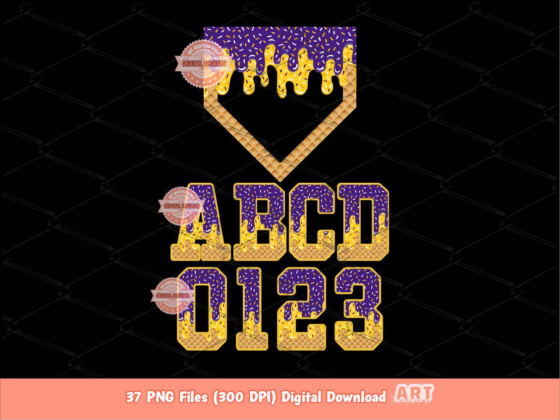 Purple Gold Drip Alpha and Plate PNG Bundle, Drippy Baseball Letters & Numbers Sports Clipart