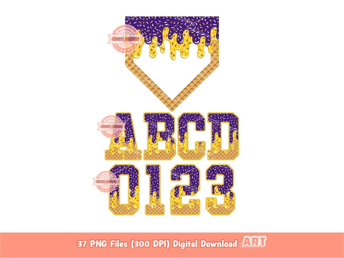 Purple Gold Drip Alpha and Plate PNG Bundle, Drippy Baseball Letters & Numbers Sports Clipart