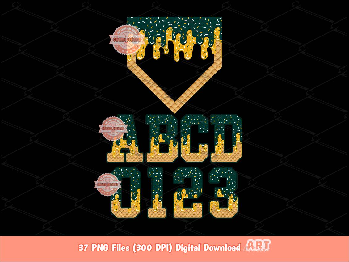 Dark Green Gold Drip Alphabet Plate PNG Bundle, Drippy Baseball Letters & Numbers Sports Clipart