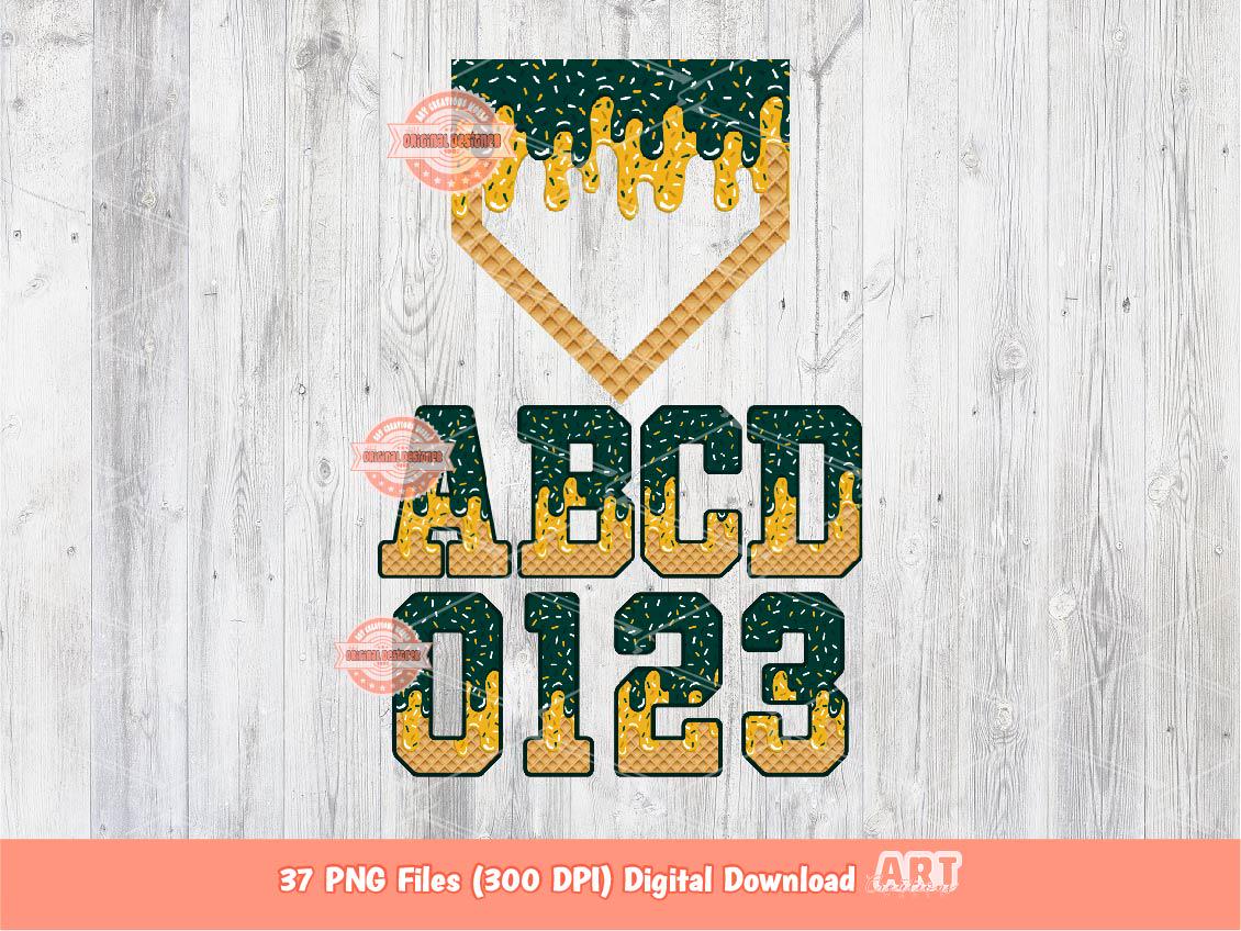 Dark Green Gold Drip Alphabet Plate PNG Bundle, Drippy Baseball Letters & Numbers Sports Clipart
