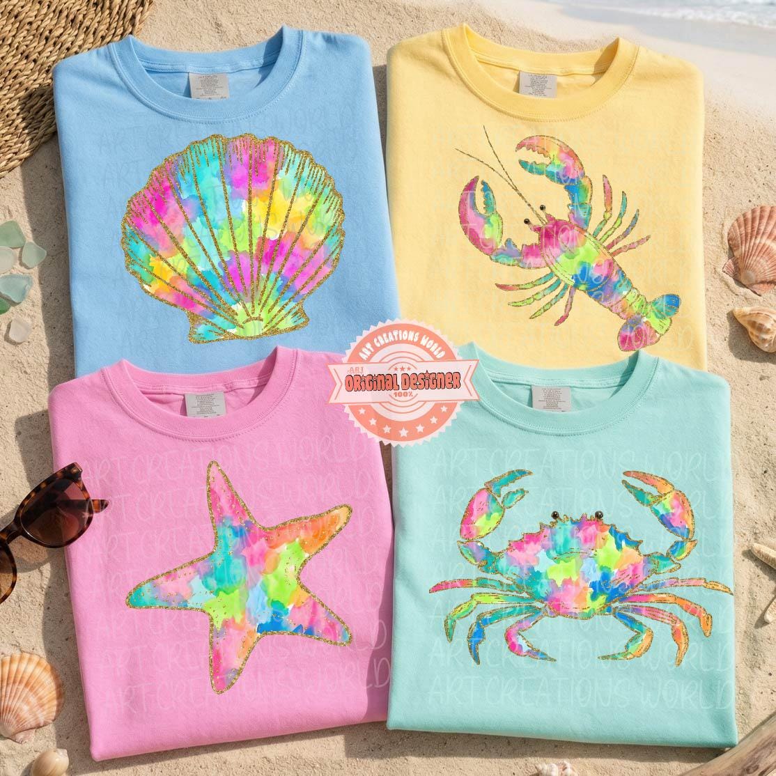 Preppy Summer PNG Bundle, Colorful Coastal Sublimation Designs, Trendy Crab, Starfish, Lobster, Seashell