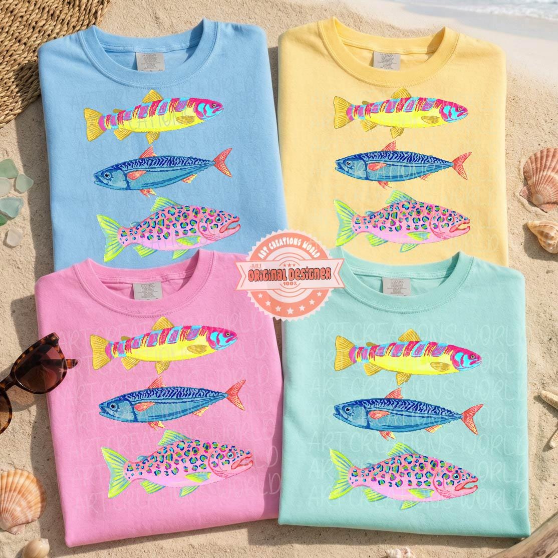 Preppy Fish PNG, Colorful Leopard Bass Coastal Beach Sublimation Design, Neon Fishing Shirt Png