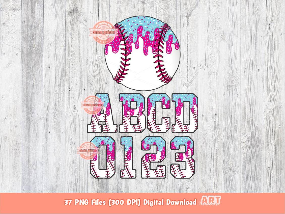 Drip Baseball Alphabet PNG Bundle, Drippy Pink Blue Ice Cream Sports Letters & Numbers Clipart