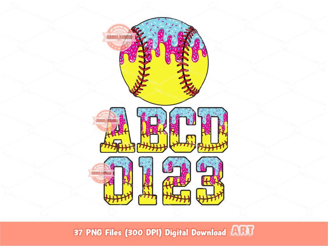 Drip Softball Alphabet PNG Bundle, Drippy Pink Blue Ice Cream Sports Letters & Numbers Clipart