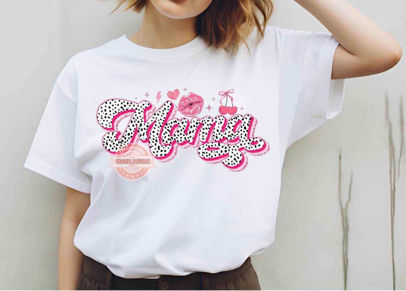 Coquette Mama PNG, Pink Dalmatian Bow Cherries Kiss mom sublimation shirt design