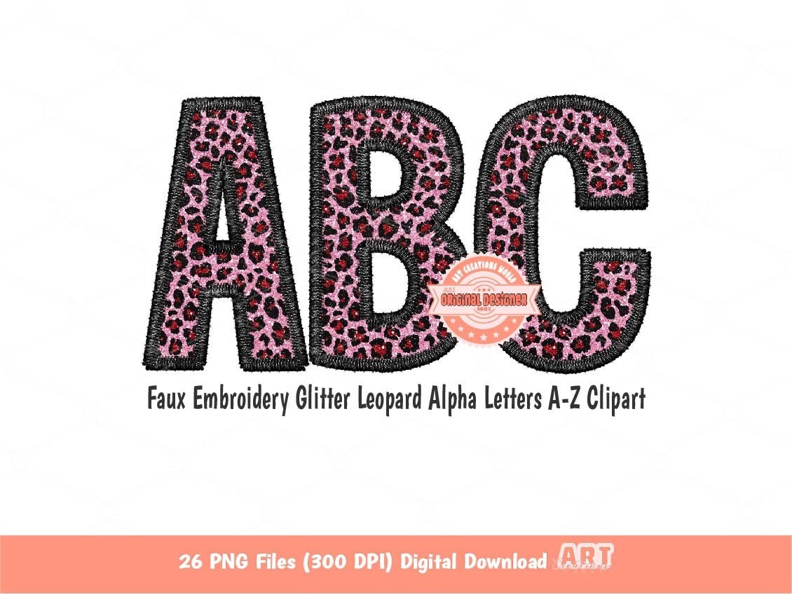 Glitter Pink Leopard Alphabet, Faux Yarn Embroidery Letters PNG Clipart