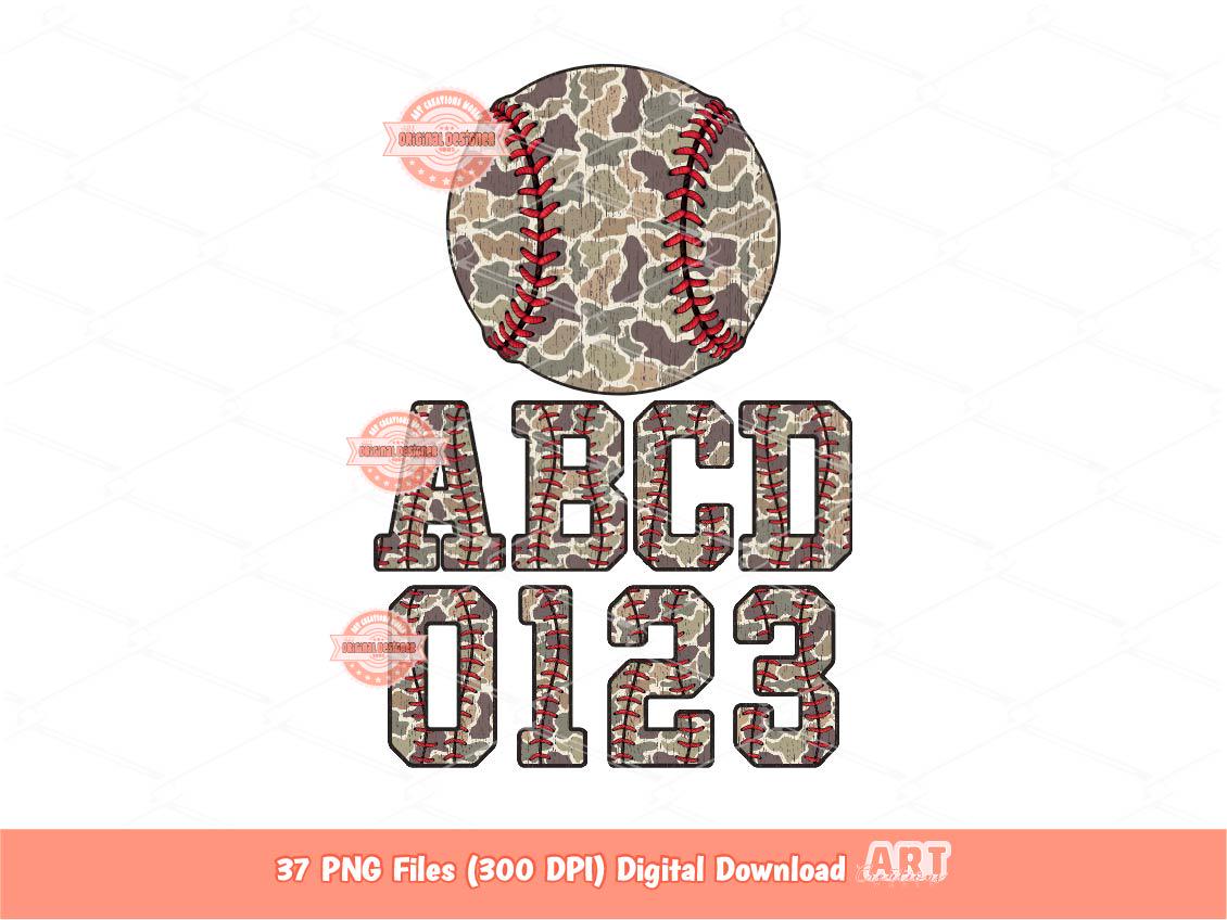 Camo Baseball Alphabet PNG Bundle, Trendy Camouflage Sports Varsity Stitches Laces Letters & Numbers Clipart