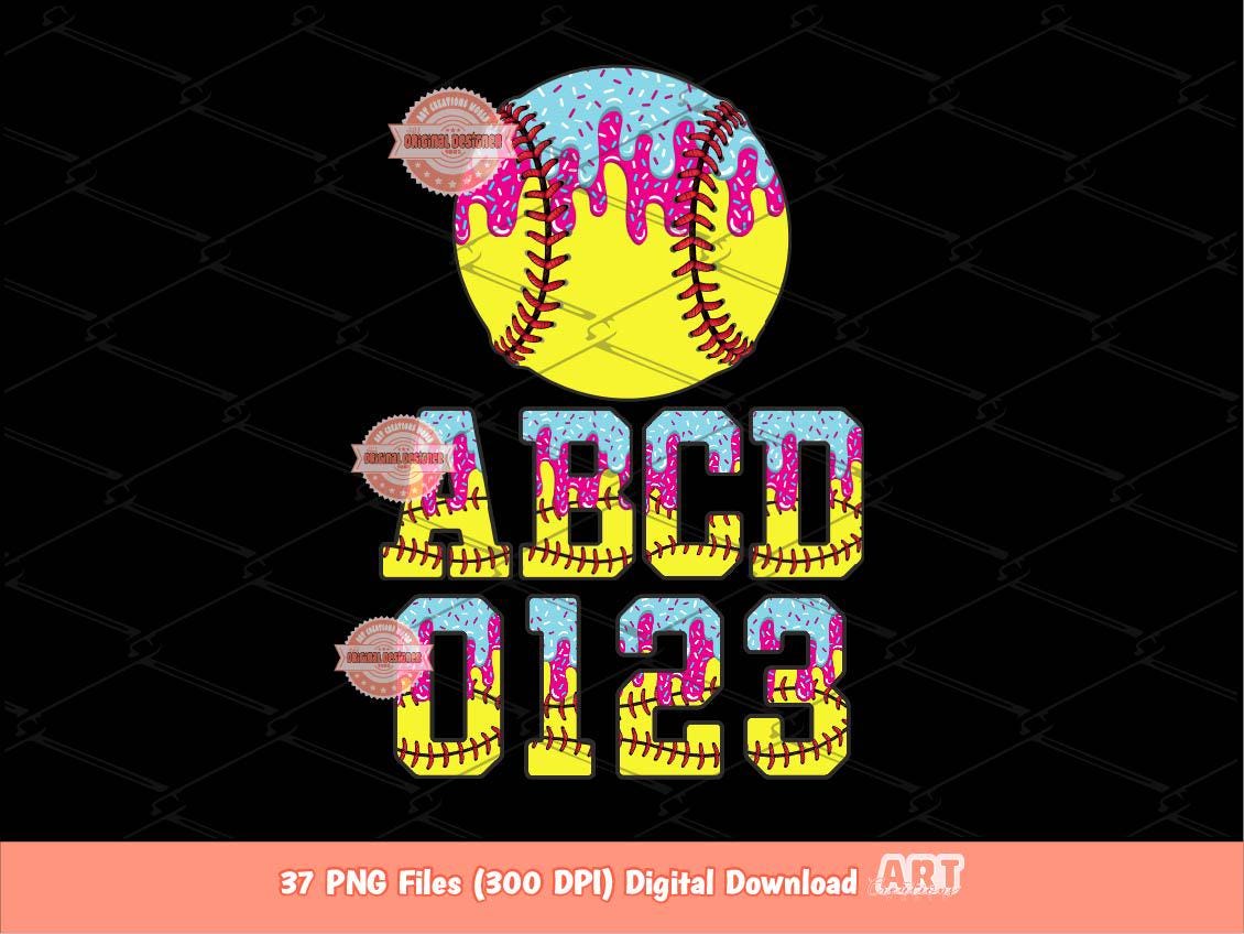 Drip Softball Alphabet PNG Bundle, Drippy Pink Blue Ice Cream Sports Letters & Numbers Clipart