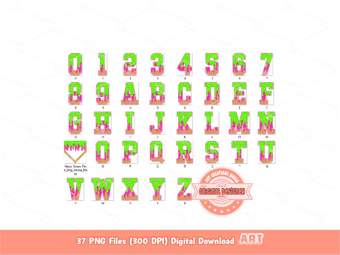 Neon Green Pink Drip Alphabet PNG Bundle, Drippy Baseball Letters Numbers Plate Sports Clipart