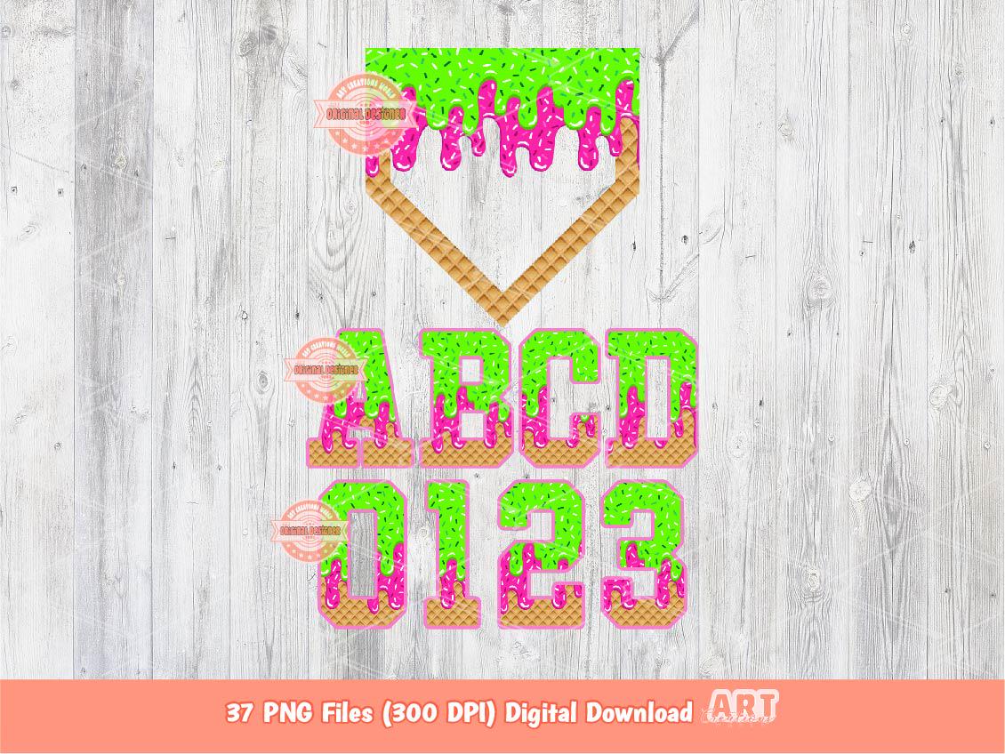 Neon Green Pink Drip Alphabet PNG Bundle, Drippy Baseball Letters Numbers Plate Sports Clipart