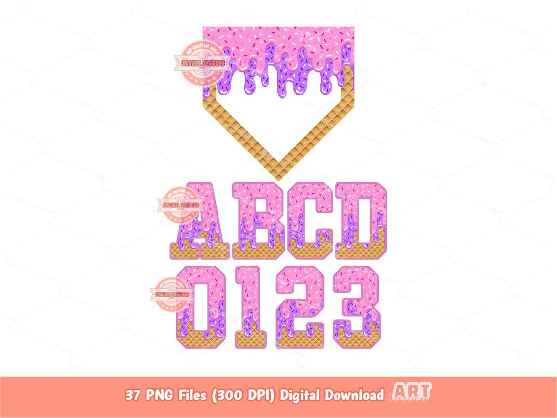Light Pink Purple Drip Alphabet PNG Bundle, Ice Cream Sports Letters, Numbers & Plate Clipart